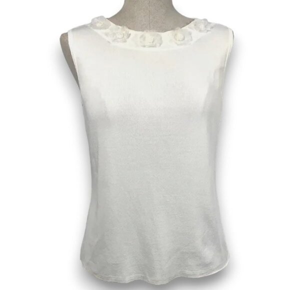 Vintage Mid-Century Floral Boat Neck Sleeveless Knit Sheath Top White Sz Medium - Picture 1 of 8